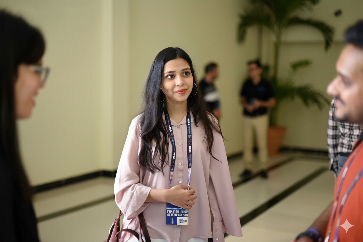 Rabia smiling and chatting at a conference